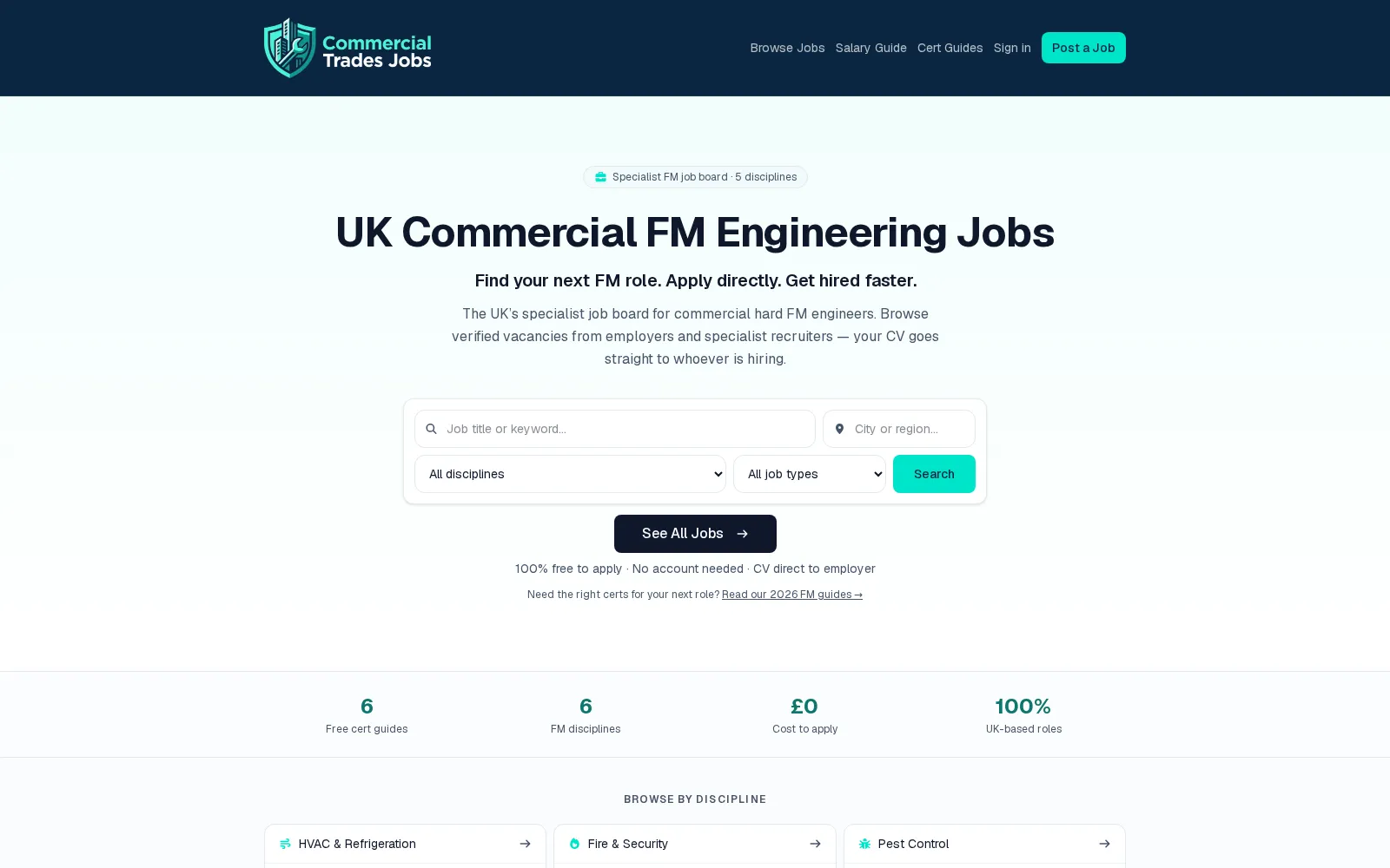The Commercial Trades Jobs homepage, showing the headline "UK Commercial FM Engineering Jobs" above a job search form.